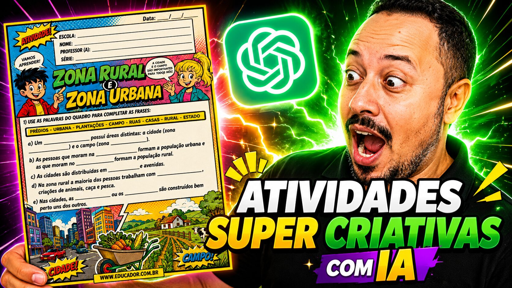 Professor criando atividades super criativas com inteligência artificial, mostrando uma atividade escolar sobre zona rural e zona urbana com apoio do ChatGPT