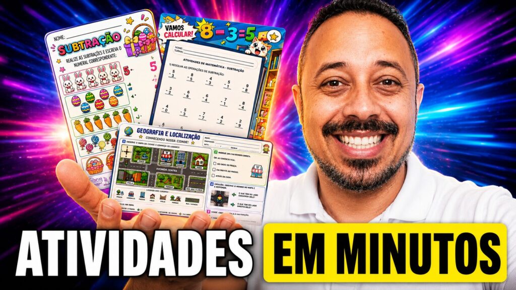 Professor segurando atividades escolares coloridas criadas com inteligência artificial, com destaque para atividades em minutos para professores.