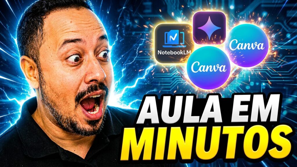 Professor surpreso ao lado dos logos do NotebookLM, Gemini e Canva, com destaque para a criação de aulas em poucos minutos.