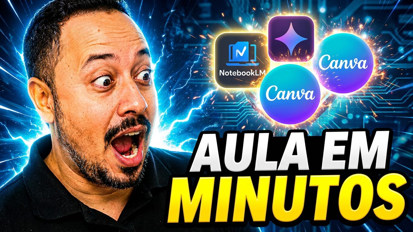 Professor surpreso ao lado dos logos do NotebookLM, Gemini e Canva, com destaque para a criação de aulas em poucos minutos.