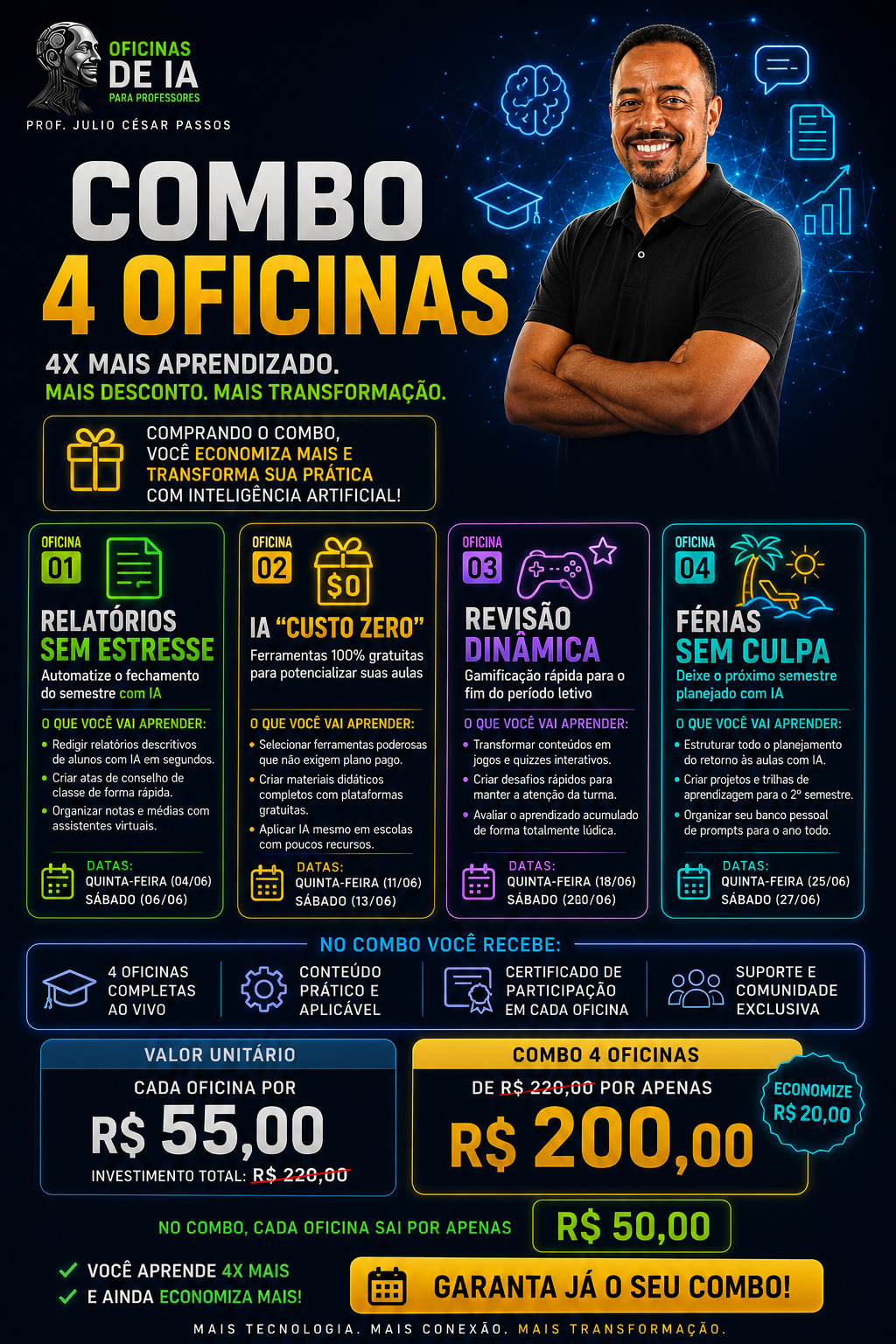 BANNER DE OFERTA DO COMBO DE 4 OFICINAS DE IA PARA PROFESSORES JUNHO DE 2026