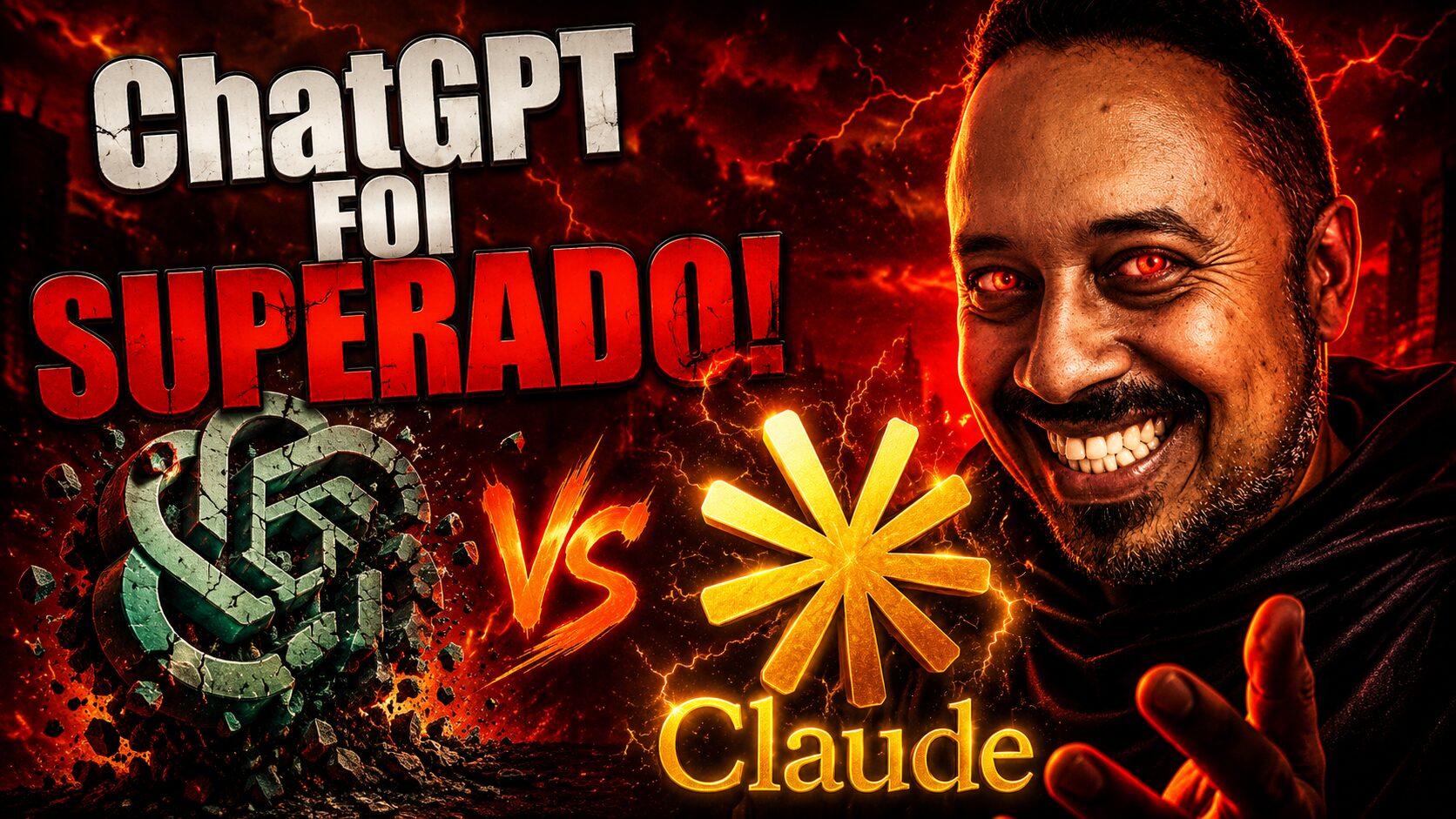 Professor em cenário cinematográfico comparando ChatGPT e Claude, com destaque para a frase ChatGPT foi superado.