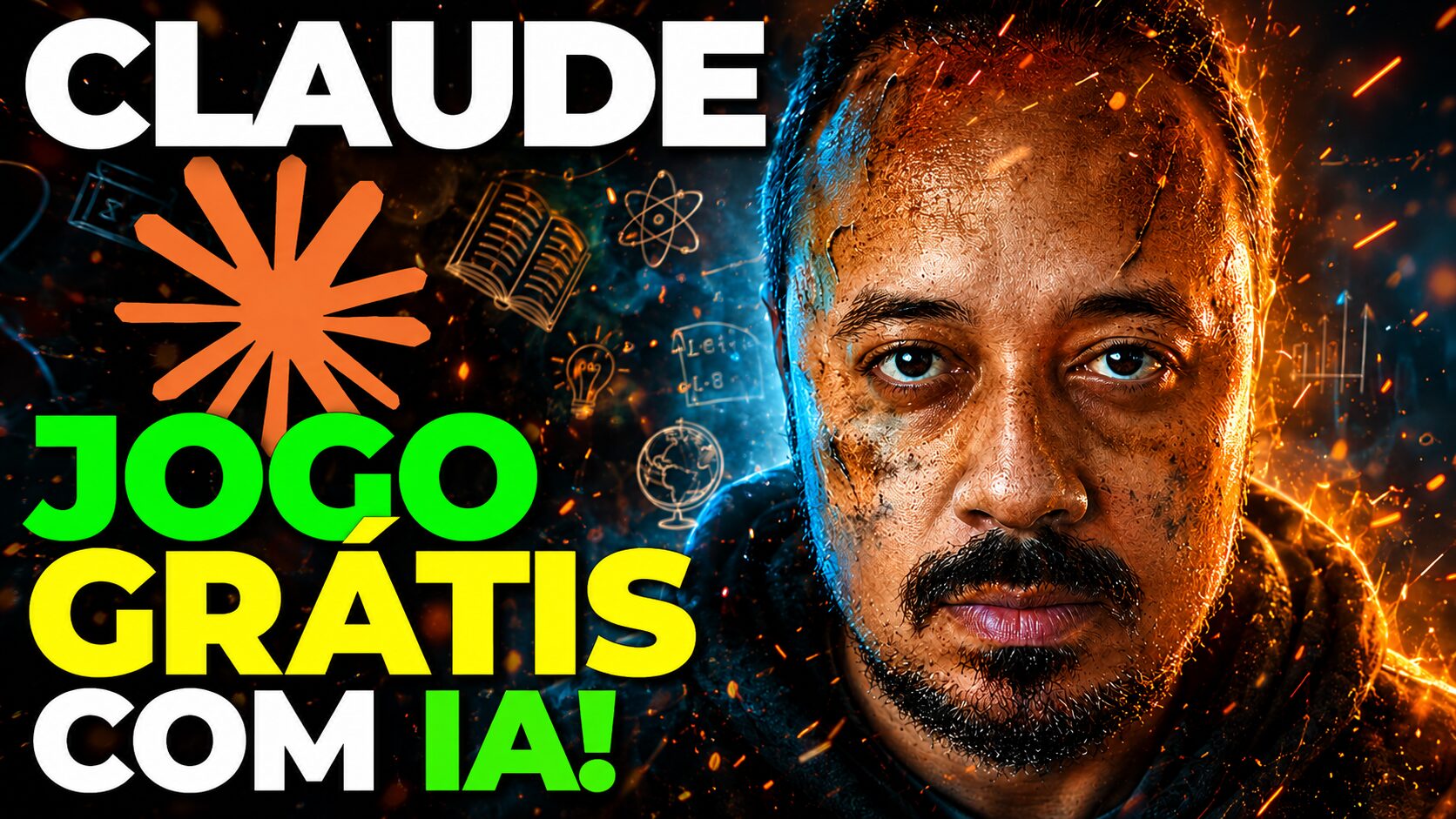 Professor em estilo cinematográfico com destaque para Claude AI e jogo grátis com inteligência artificial para professores.