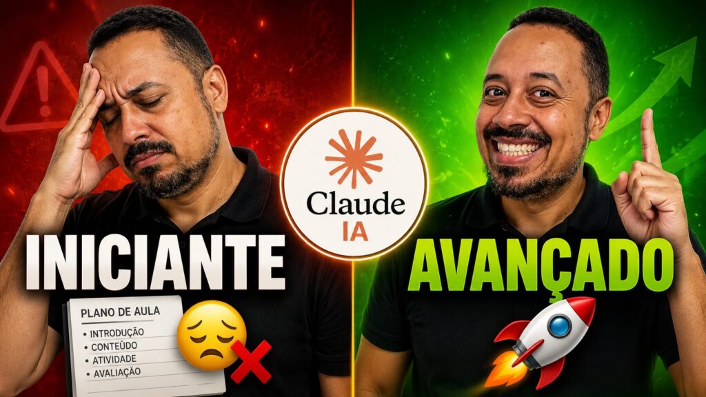 Professor comparando o uso iniciante e avançado do Claude IA para criar planos de aula com inteligência artificial.