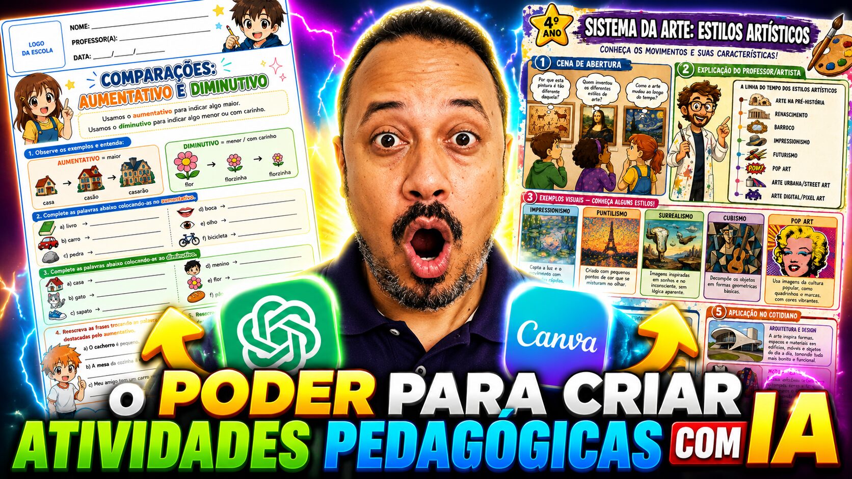 Como criar atividades pedagógicas com ChatGPT e Canva, mostrando exemplos de materiais escolares, inteligência artificial e recursos visuais para professores.
