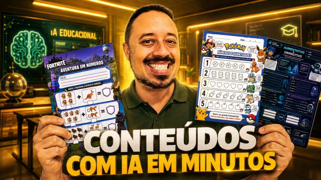 Professor sorrindo segurando atividades pedagógicas criadas com inteligência artificial em minutos para usar em sala de aula.
