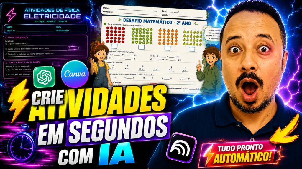 Professor usando ChatGPT e Canva para criar atividades pedagógicas em segundos com inteligência artificial para sala de aula.