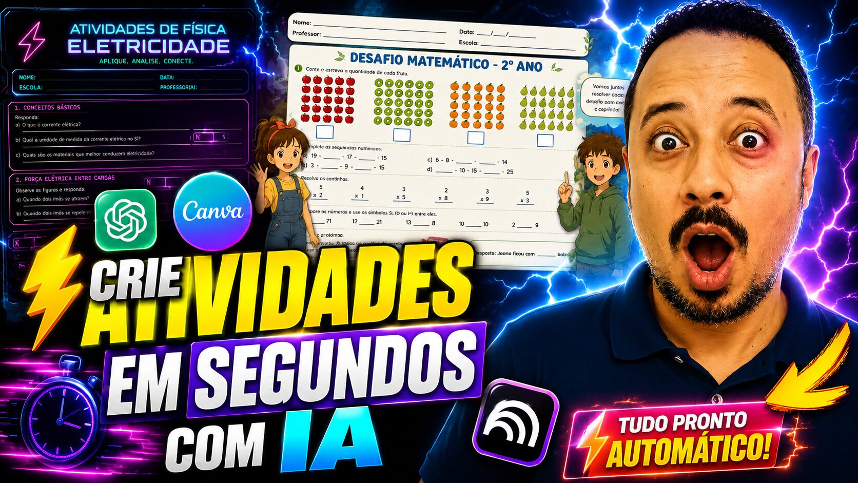 Professor usando ChatGPT e Canva para criar atividades pedagógicas em segundos com inteligência artificial para sala de aula.