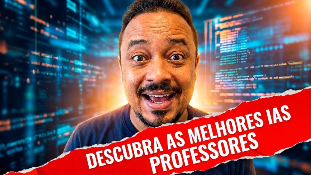 Professor sorrindo em cenário tecnológico com a chamada “Descubra as melhores IAs para professores”.