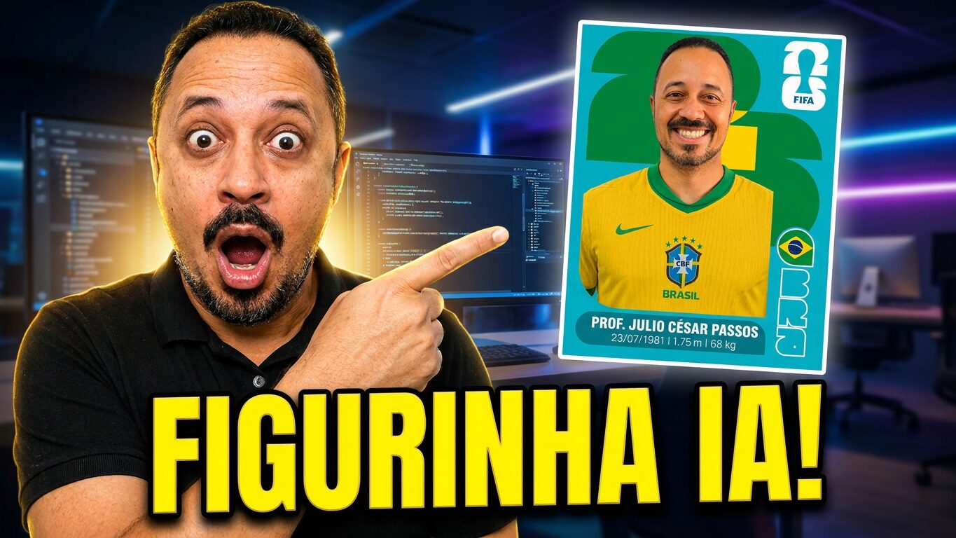 Professor apontando para figurinha digital criada com inteligência artificial, inspirada em álbum de futebol.