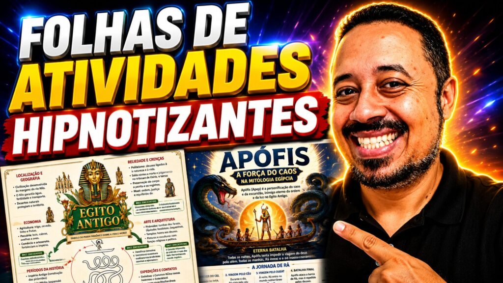 Professor apresentando folhas de atividades hipnotizantes sobre Egito Antigo e mitologia egípcia criadas para aulas mais visuais e envolventes.