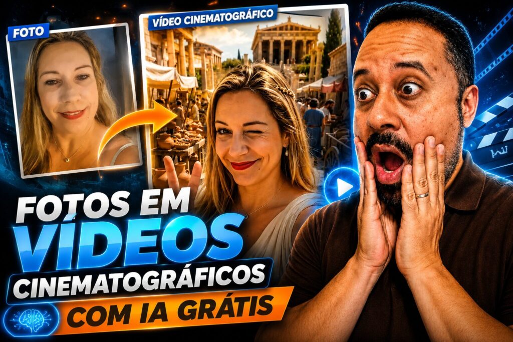 Professor surpreso mostrando como transformar fotos em vídeos cinematográficos com inteligência artificial grátis.