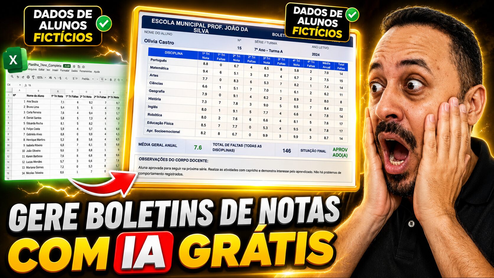 Professor surpreso mostrando como gerar boletins de notas com inteligência artificial grátis usando dados fictícios de alunos.