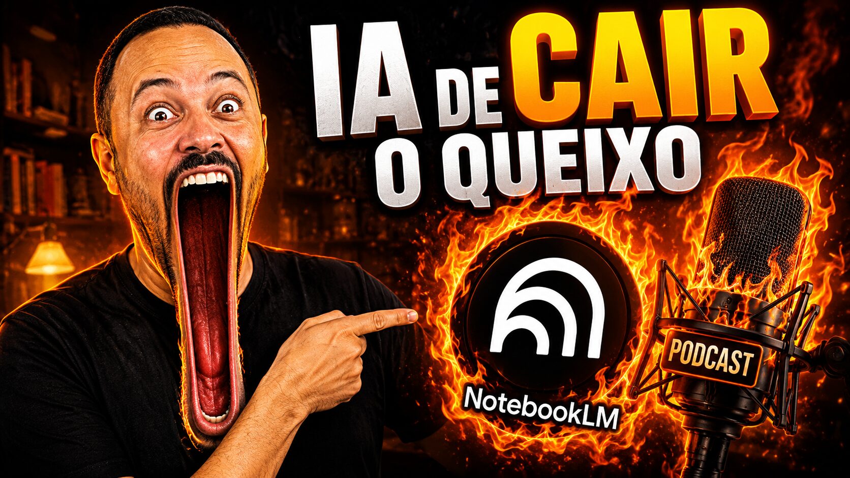 Professor apontando para o NotebookLM em chamas com destaque para criação de podcasts educacionais com inteligência artificial.