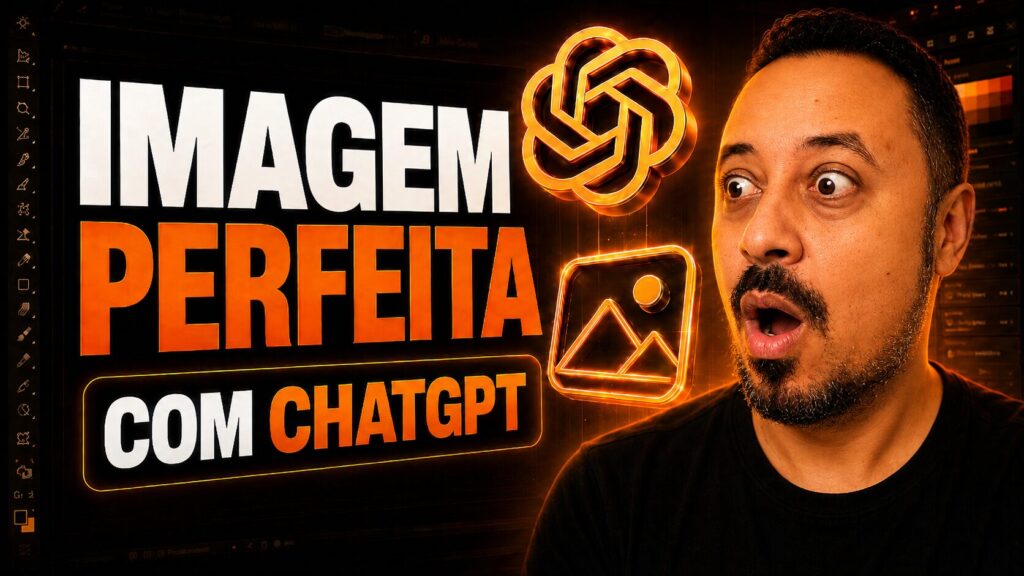 Professor surpreso ao lado do logo do ChatGPT e de um ícone de imagem, com destaque para a criação de imagens perfeitas com inteligência artificial.