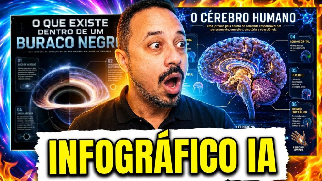 Professor surpreso mostrando exemplos de infográficos criados com inteligência artificial sobre buraco negro e cérebro humano.