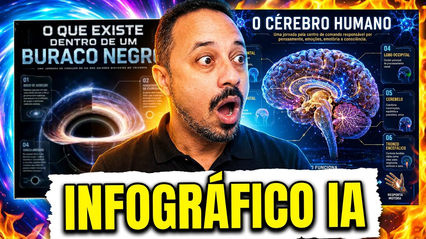 Professor surpreso mostrando exemplos de infográficos criados com inteligência artificial sobre buraco negro e cérebro humano.