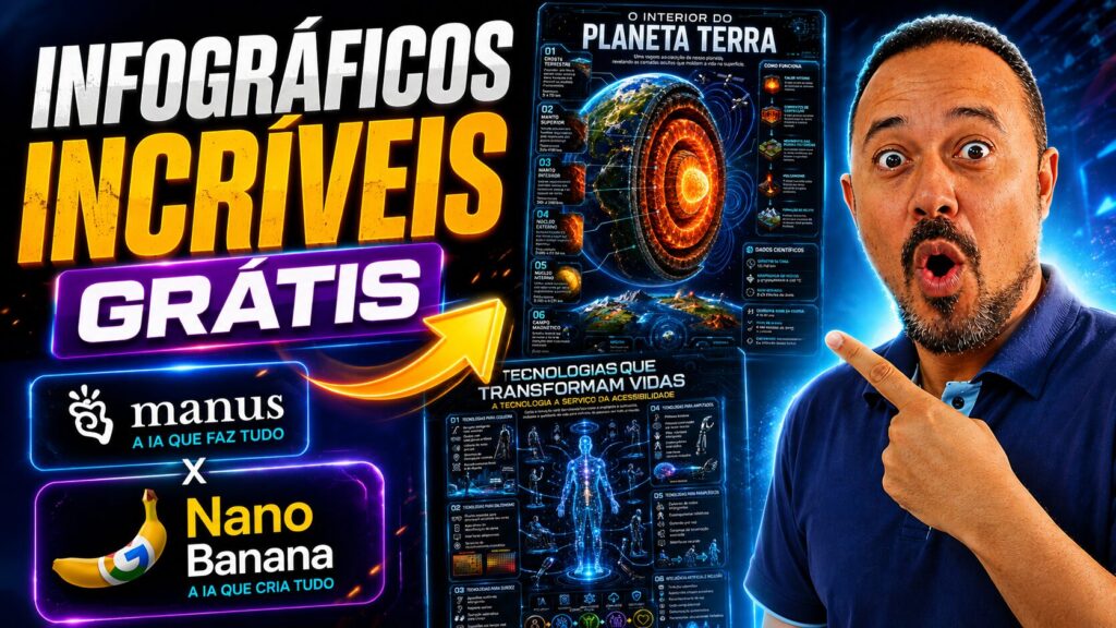 Professor apontando para infográficos educacionais criados com inteligência artificial gratuita usando Manus e Nano Banana.
