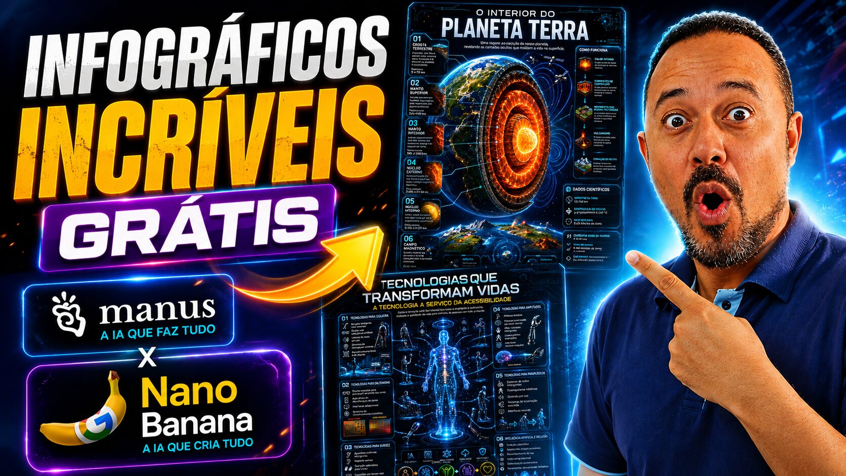 Professor apontando para infográficos educacionais criados com inteligência artificial gratuita usando Manus e Nano Banana.