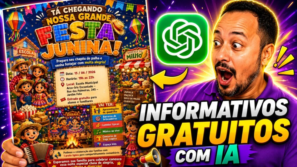 Professor usando inteligência artificial para criar informativos gratuitos de festa junina com ChatGPT para escolas e professores.