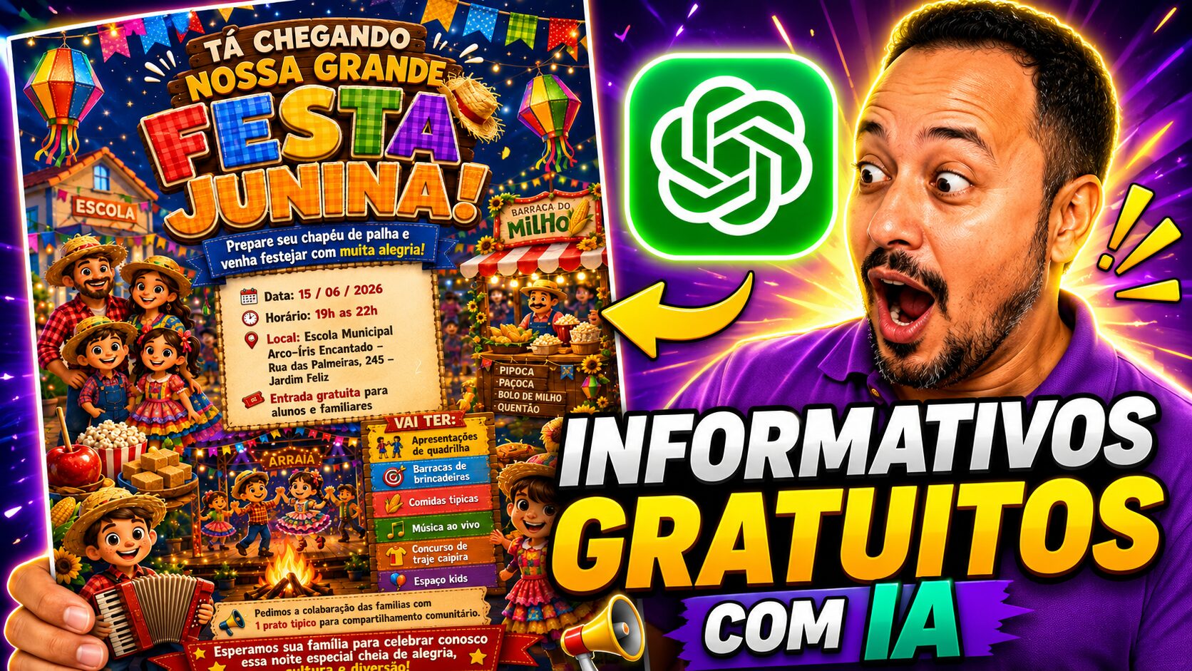 Professor usando inteligência artificial para criar informativos gratuitos de festa junina com ChatGPT para escolas e professores.