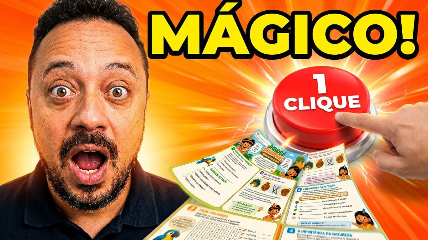 Professor surpreso mostrando materiais pedagógicos criados com inteligência artificial em apenas um clique.