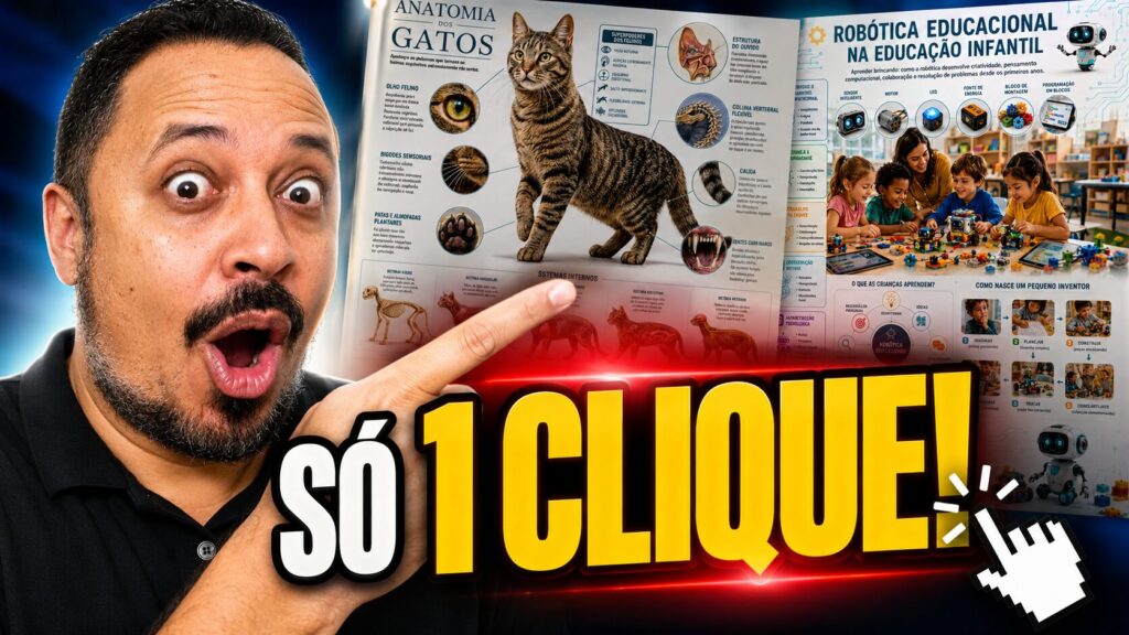 Professor apontando para materiais pedagógicos criados com inteligência artificial, com destaque para a chamada “Só 1 clique”.