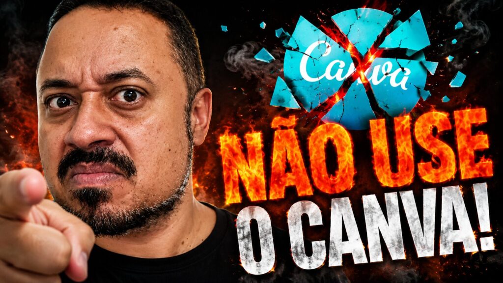 Professor apontando para o público com alerta para não usar o Canva, enquanto o logotipo aparece quebrado ao fundo.
