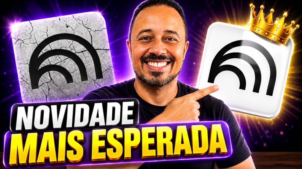 Professor sorrindo e apontando para o NotebookLM, com destaque para uma nova versão mais avançada da ferramenta de inteligência artificial.