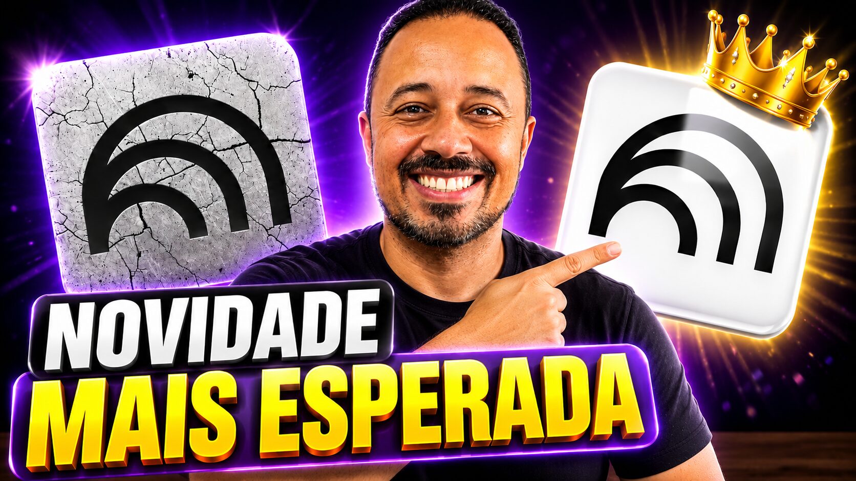 Professor sorrindo e apontando para o NotebookLM, com destaque para uma nova versão mais avançada da ferramenta de inteligência artificial.