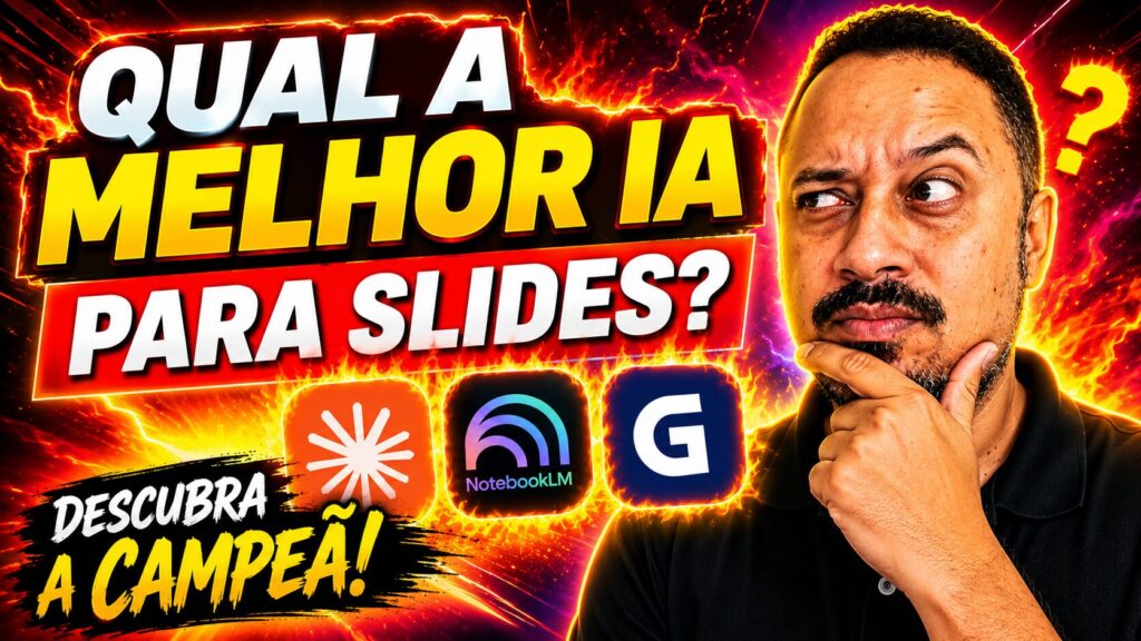 Professor em dúvida sobre qual é a melhor inteligência artificial para criar slides, com ícones do Claude, NotebookLM e Gemini.