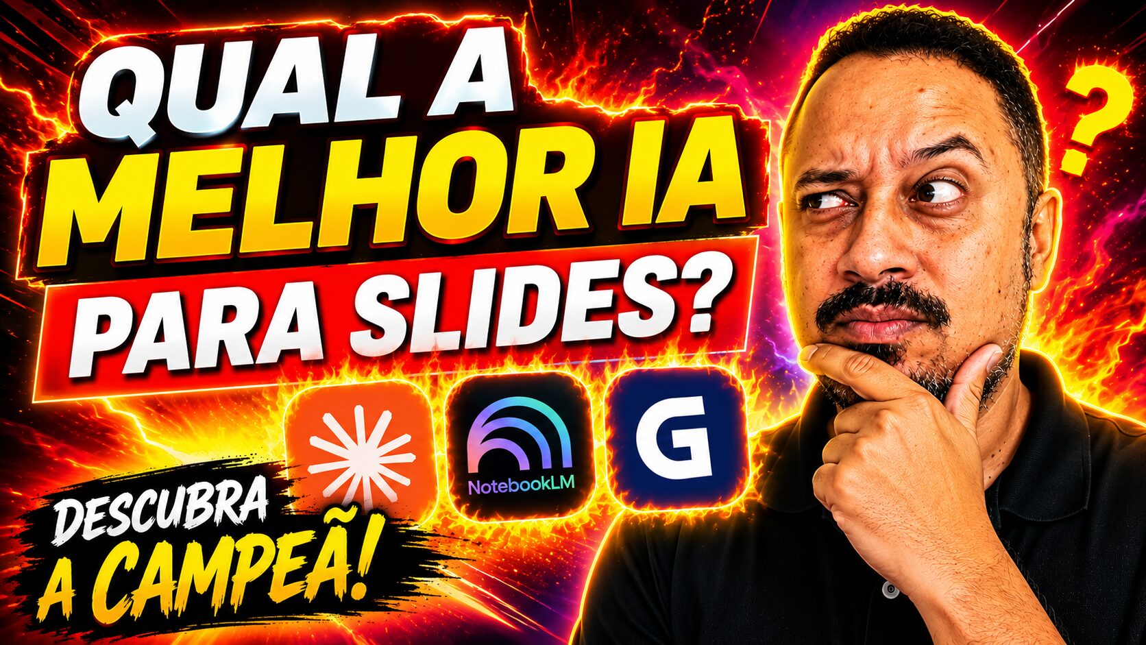 Professor em dúvida sobre qual é a melhor inteligência artificial para criar slides, com ícones do Claude, NotebookLM e Gemini.