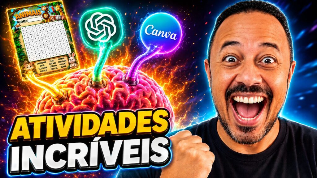 Professor sorrindo ao lado dos logos do ChatGPT e Canva, com destaque para criação de atividades incríveis com inteligência artificial.