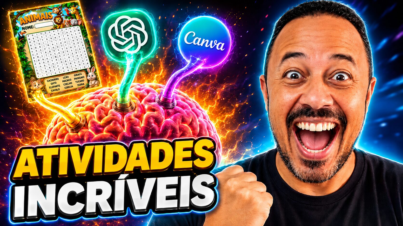 Professor sorrindo ao lado dos logos do ChatGPT e Canva, com destaque para criação de atividades incríveis com inteligência artificial.