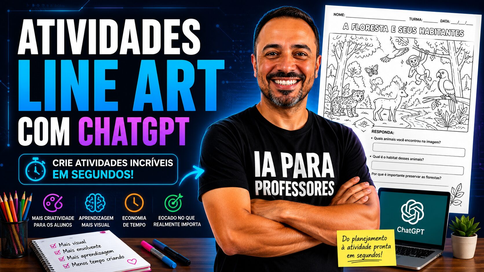 Professor sorrindo ao lado de uma atividade de line art criada com ChatGPT, com destaque para criação de atividades visuais para professores em segundos.