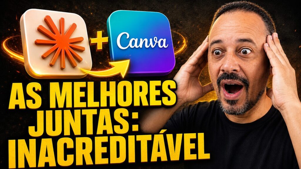 Professor surpreso ao lado dos logos do Claude e Canva, com destaque para a integração entre as ferramentas de inteligência artificial.