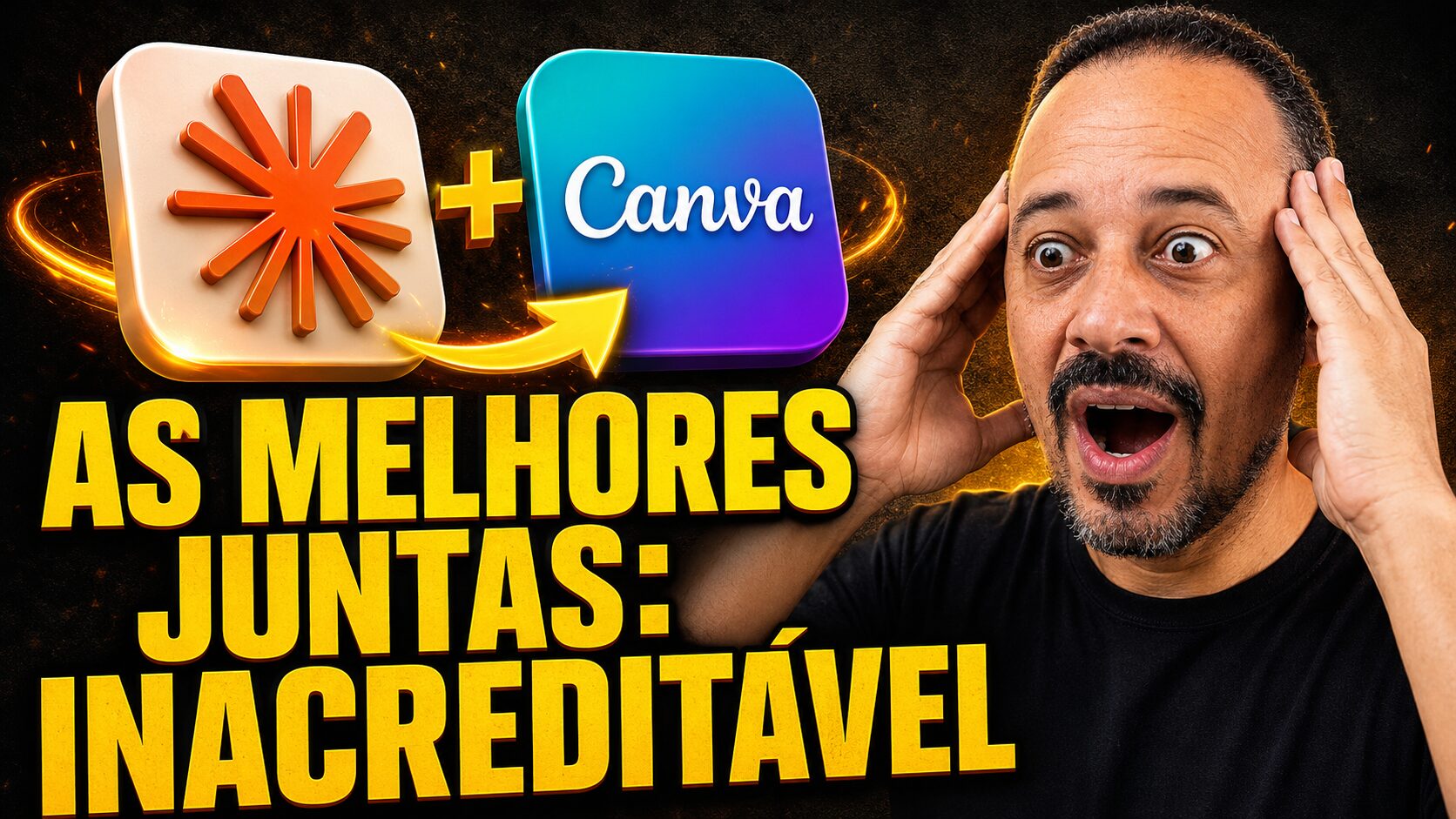 Professor surpreso ao lado dos logos do Claude e Canva, com destaque para a integração entre as ferramentas de inteligência artificial.