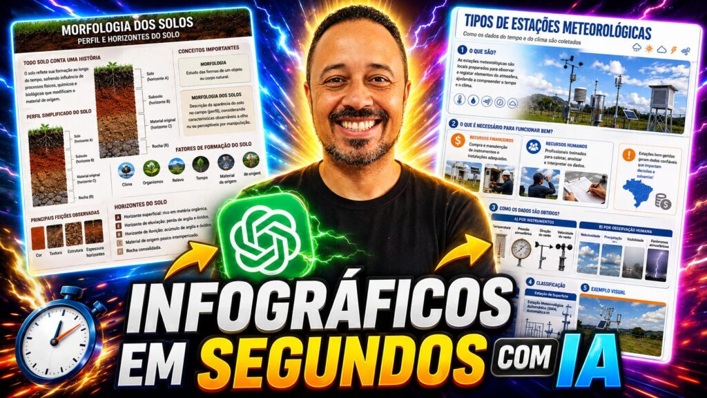 Professor mostrando como criar infográficos educacionais com Inteligência Artificial usando ChatGPT para produzir materiais visuais em segundos.