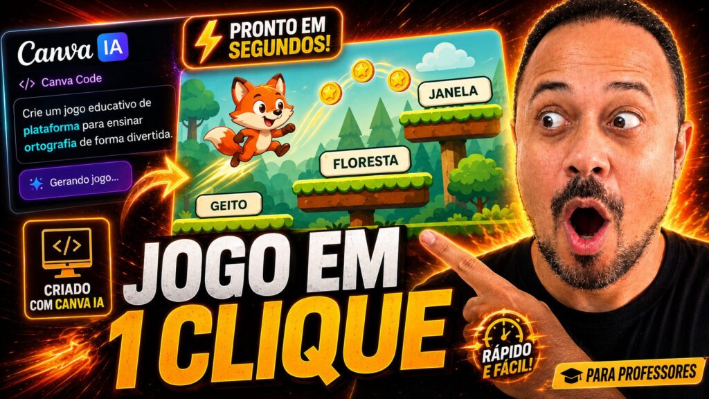 Professor Julio Passos mostrando como criar jogos educacionais interativos com Canva IA usando inteligência artificial para gerar atividades gamificadas em poucos segundos.