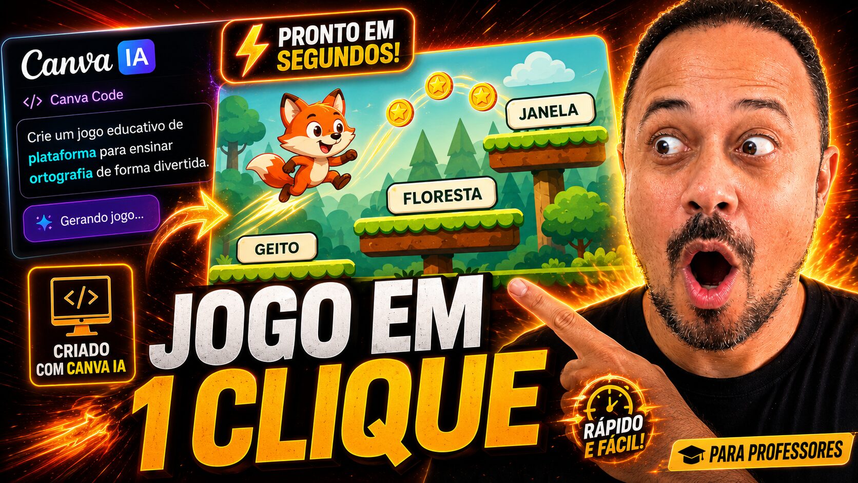 Professor Julio Passos mostrando como criar jogos educacionais interativos com Canva IA usando inteligência artificial para gerar atividades gamificadas em poucos segundos.