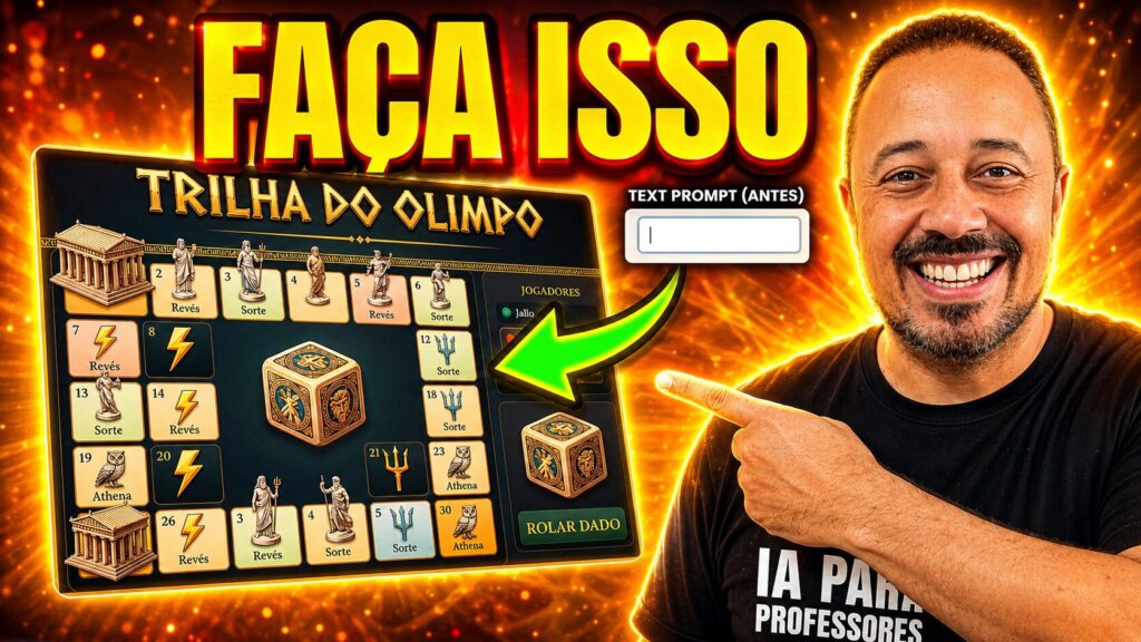 Professor apresentando um jogo educacional criado com Inteligência Artificial, mostrando como transformar um simples prompt em uma atividade gamificada para sala de aula.