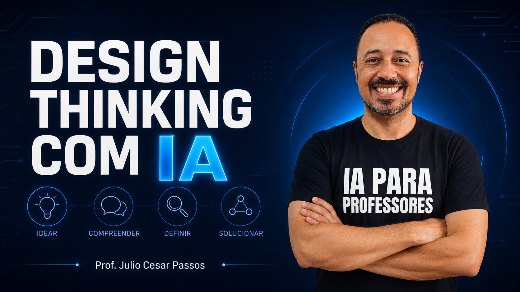 Professor sorrindo ao lado da chamada “Design Thinking com IA”, em fundo tecnológico azul com ícones de ideação, compreensão, definição e solução.