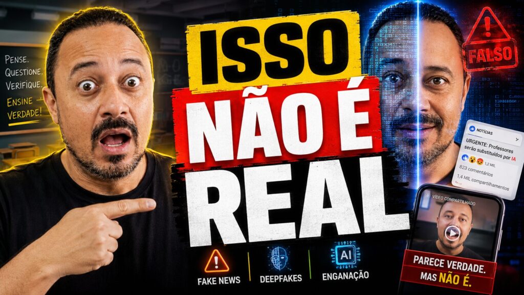 Professor apontando para a frase “Isso não é real”, com elementos sobre fake news, deepfakes, IA e verificação de informações.