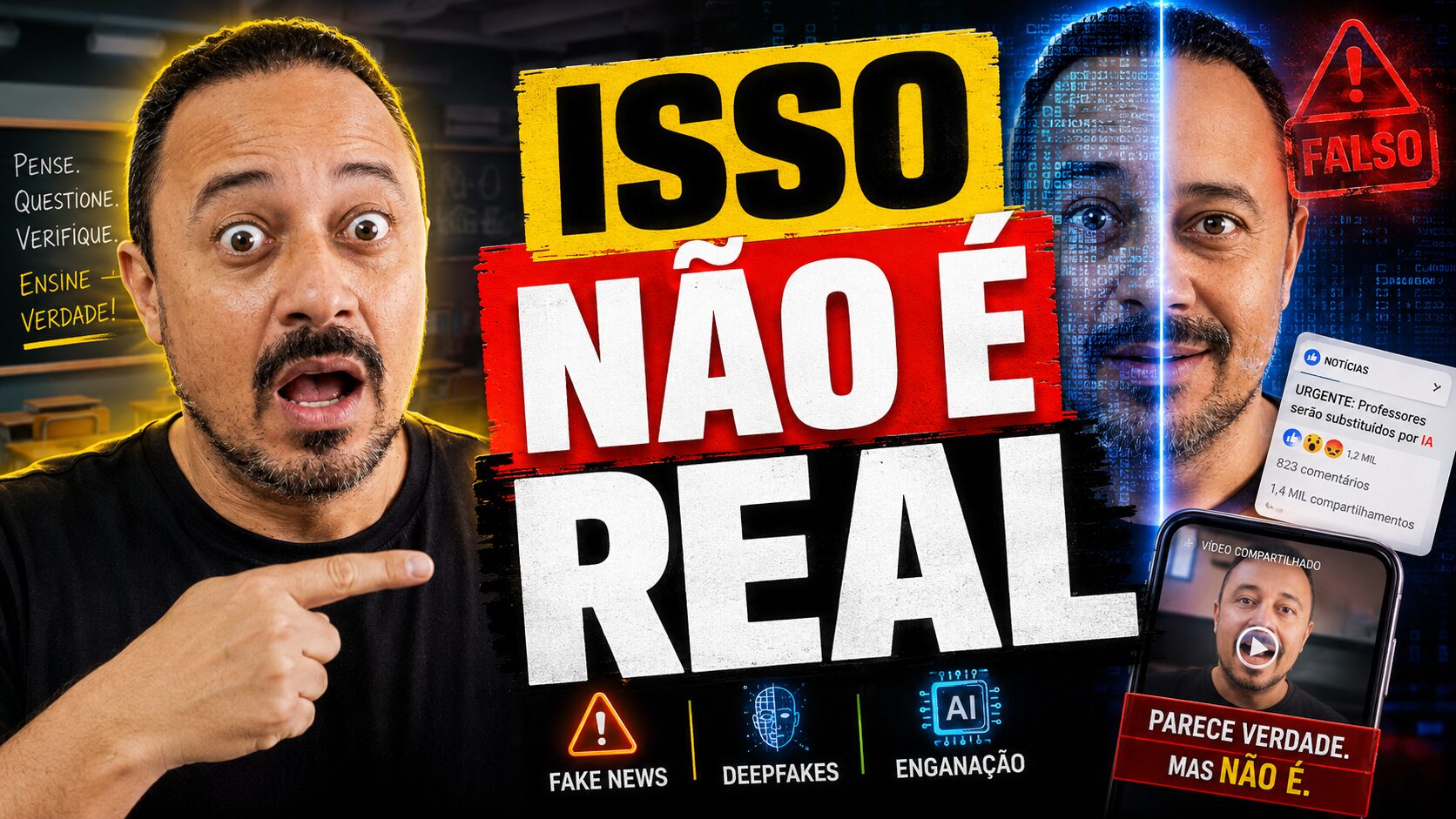 Professor apontando para a frase “Isso não é real”, com elementos sobre fake news, deepfakes, IA e verificação de informações.
