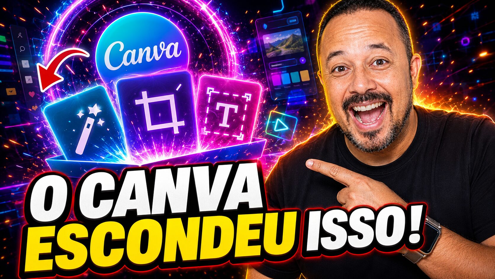 Professor sorrindo e apontando para recursos do Canva, com destaque para ferramentas escondidas e criação de materiais visuais para professores.