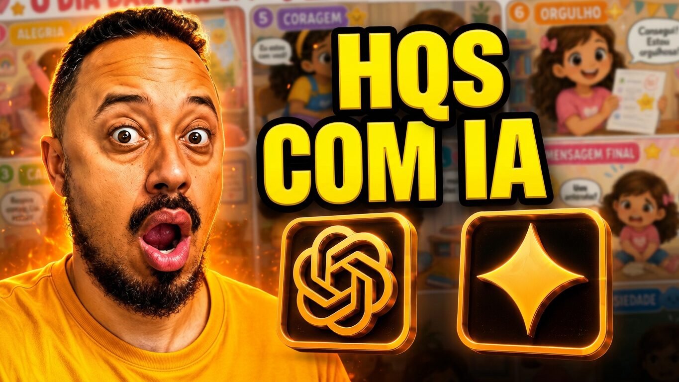 Professor surpreso ao lado dos logos do ChatGPT e Gemini, com destaque para criação de histórias em quadrinhos com inteligência artificial.