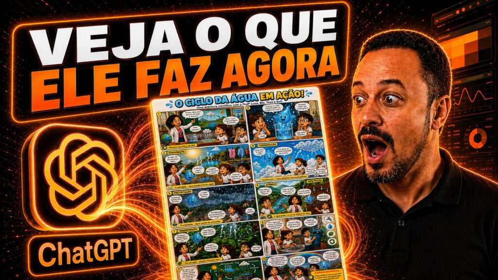 Professor surpreso ao lado do logo do ChatGPT e de uma história em quadrinhos sobre o ciclo da água criada com inteligência artificial.