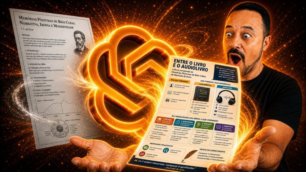 Professor surpreso ao lado do logo do ChatGPT, comparando um texto literário de Memórias Póstumas de Brás Cubas com um infográfico educativo sobre livro e audiolivro.