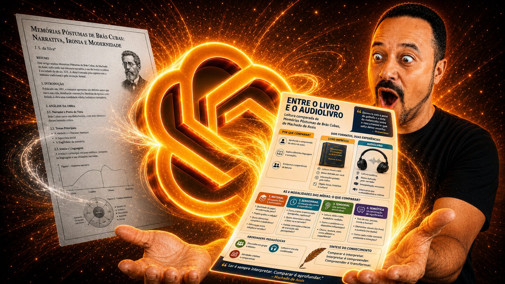 Professor surpreso ao lado do logo do ChatGPT, comparando um texto literário de Memórias Póstumas de Brás Cubas com um infográfico educativo sobre livro e audiolivro.