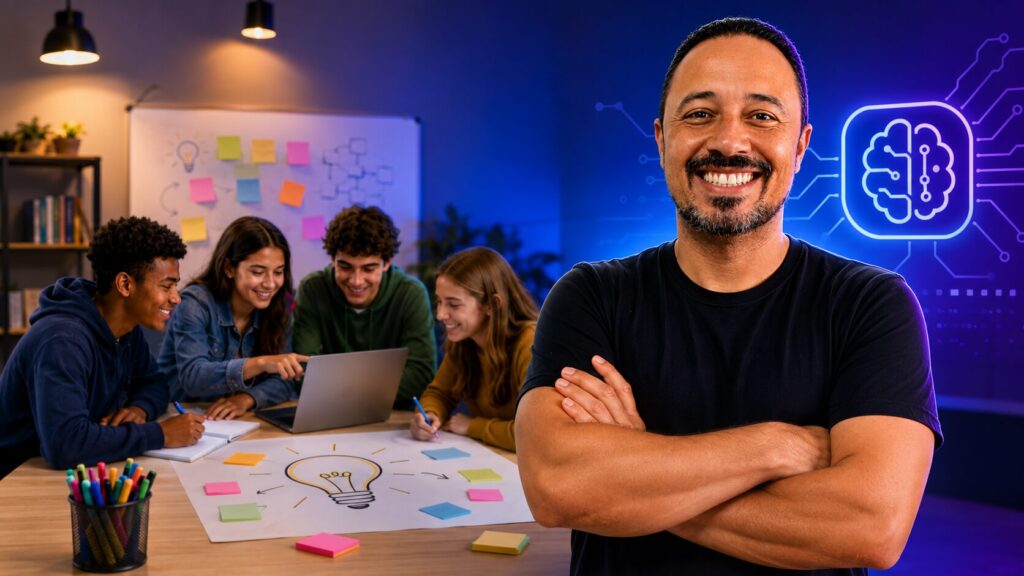 Professor sorrindo ao lado de alunos trabalhando em grupo com notebook, post-its e mapa de ideias, em ambiente educacional com símbolo de IA ao fundo.